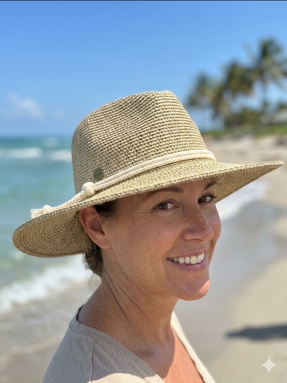 Women's Kooringal Cove Safari Hat in a textured neutral-tone weave with rope tie